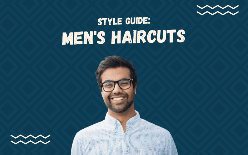 Image titled Style Guide: Mens Haircuts and showing a man with a dapper cut in a floating image above a blue background