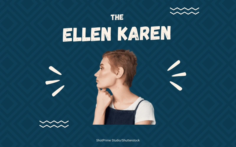 The Ellen Karen Haircut Against Blue Square Background