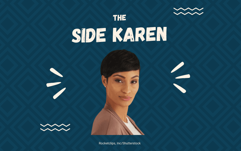 The Sharon Karen Haircut Against Blue Square Background