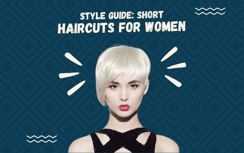 Image titled Short Haircuts for Women featuring a cutout style image of a woman with such a style floating on a blue graphic background