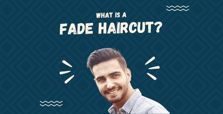Image titled What Is a Fade Haircut on a blue background with a photo of a smiling man with such a cut