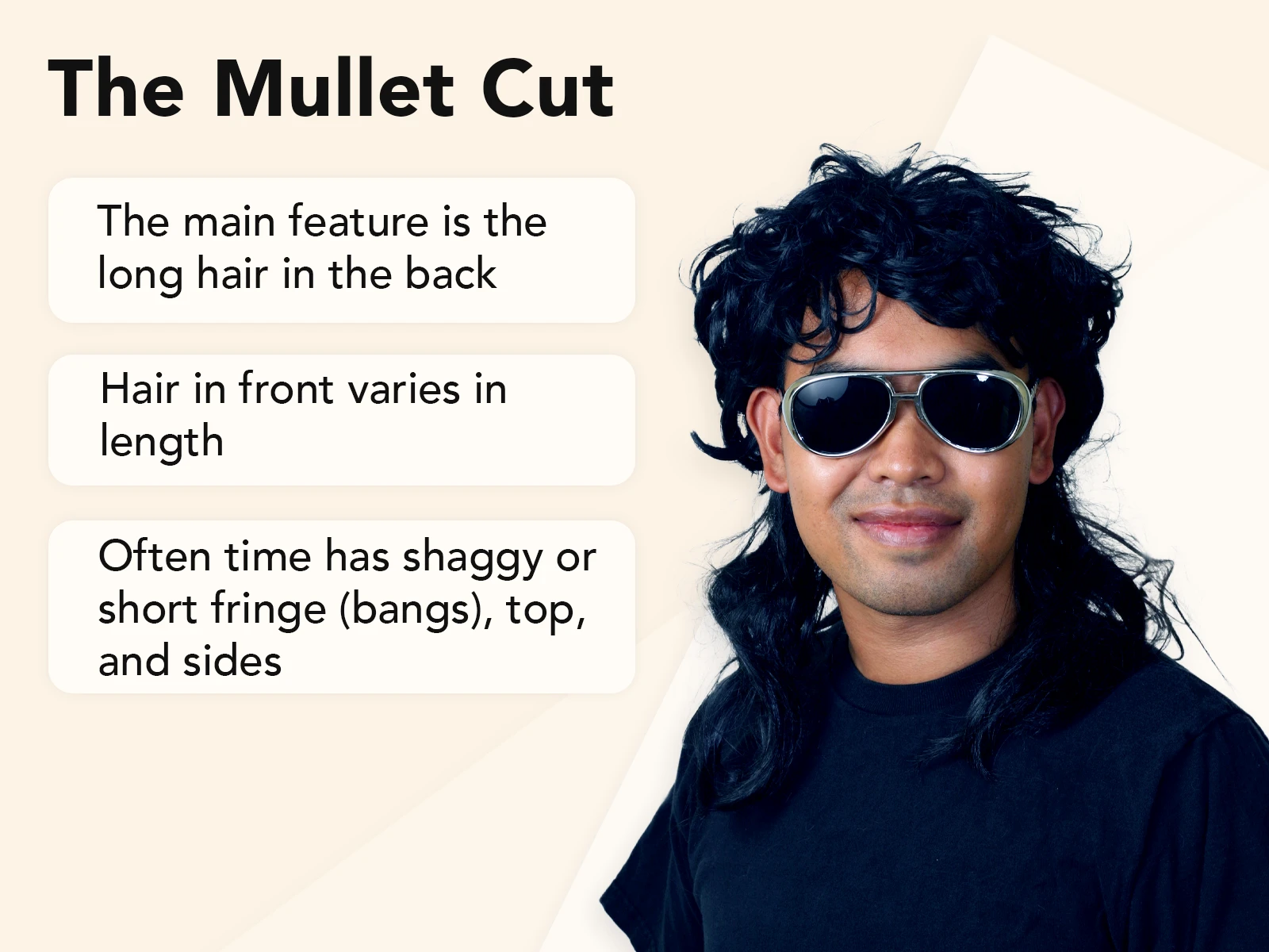 Tan image with an explainer of what the Mullet Haircut is with a guy in sunglasses and a black shirt on the side
