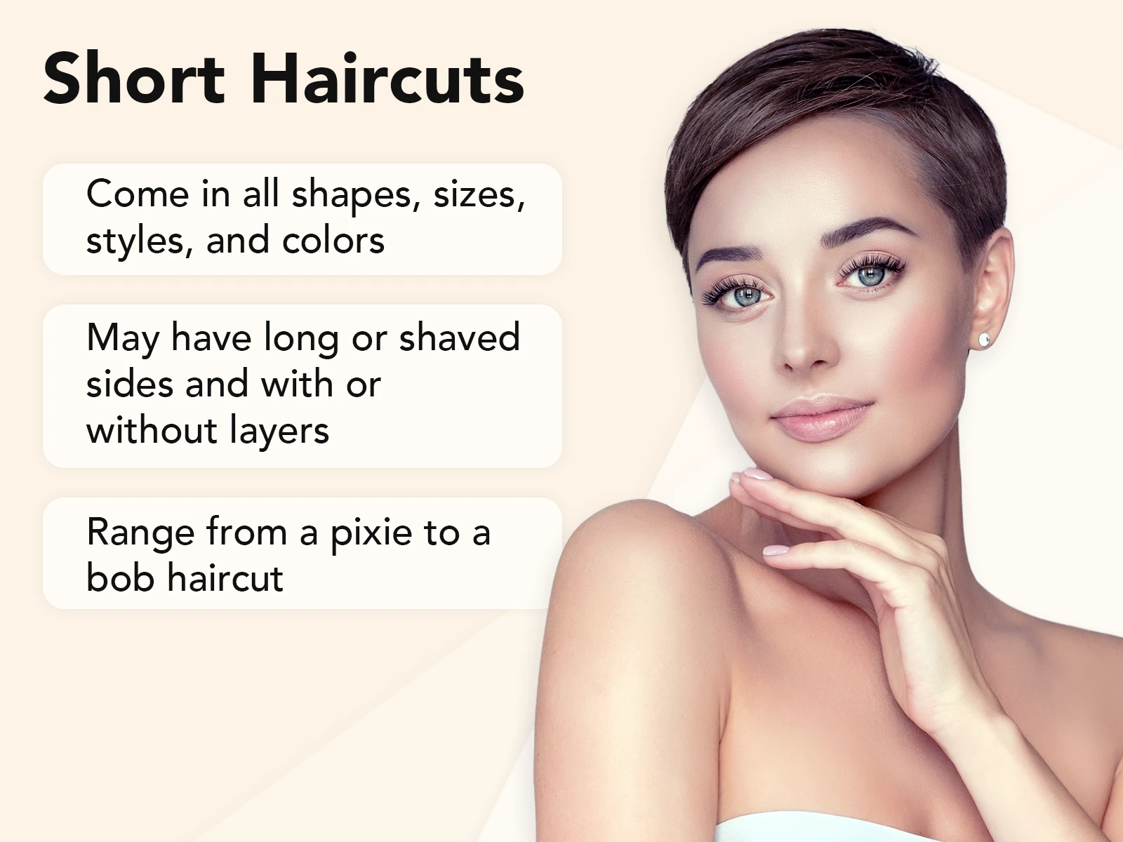Short Haircuts for Women explainer image on a tan background