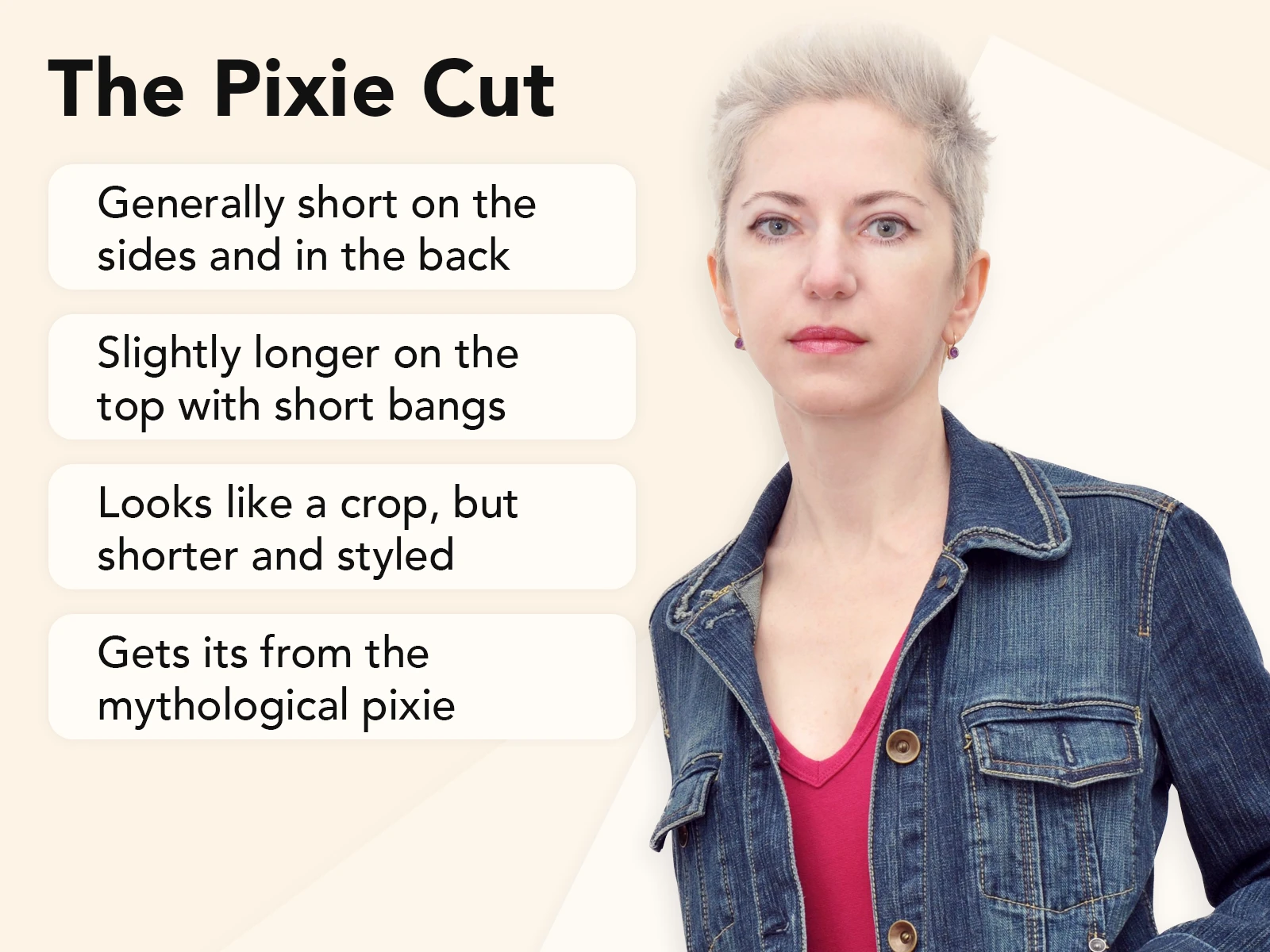 Pixie cut explainer image with key traits and an example on a tan background