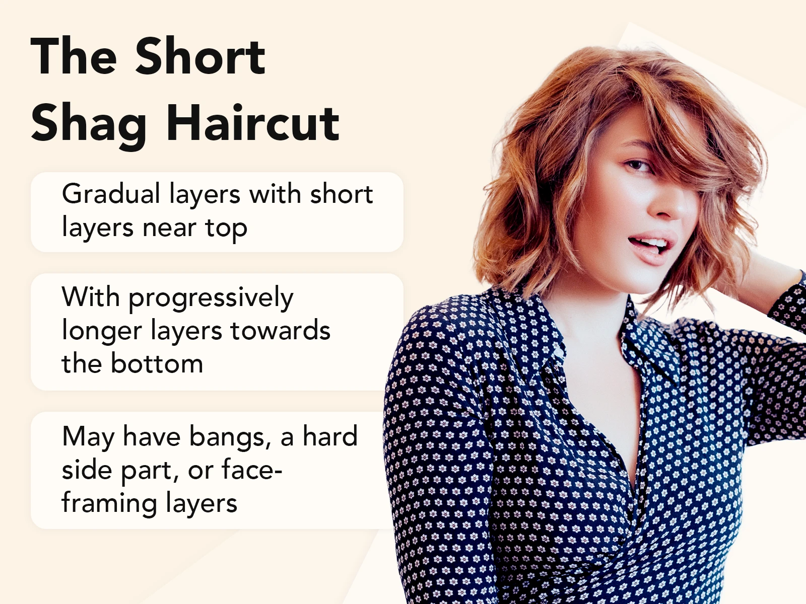 Short Shag Haircut explainer image on a tan background