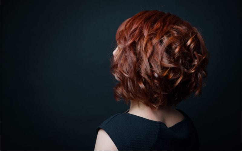 Hair bob with short curls on the female head with red hair side view against the background of black isolate.