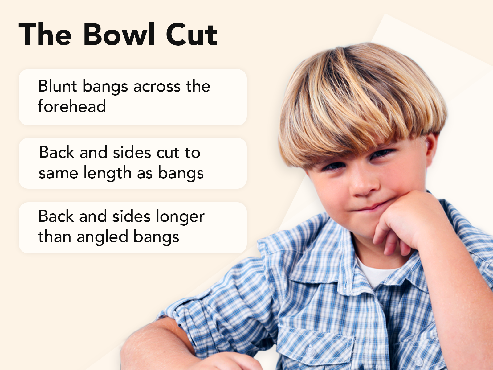 Bowl cut hairstyle explainer image on a tan background
