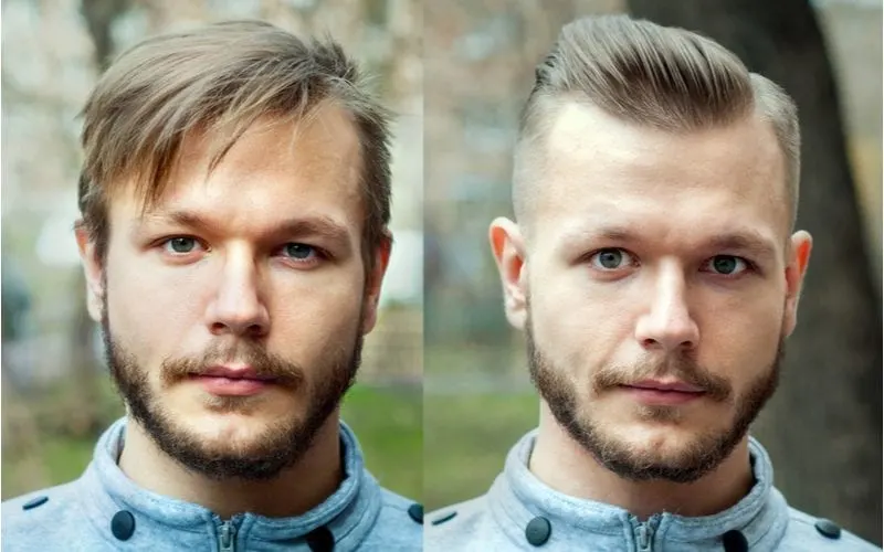 Person in a side by side before and after image showing a guy getting a haircut to cover his big forehead