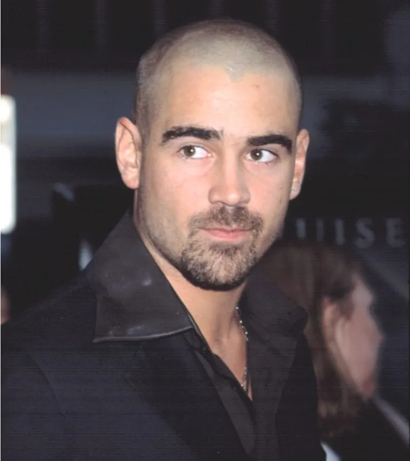 Colin ferrel in new york at the premier for minority report with a shaved widows peak haircut