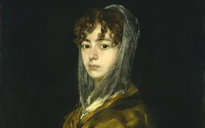 Painting of a woman wearing a standard 1800s hairstyle holds her hands together