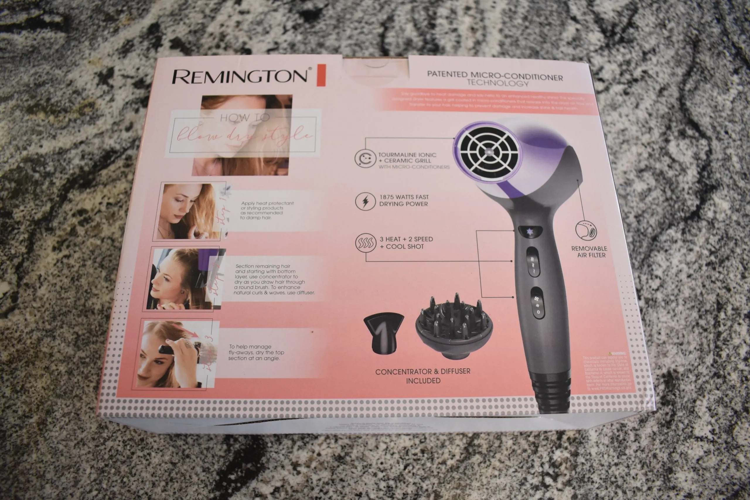 Remington D3190, best value hair dryer, and the back of the box on a counter