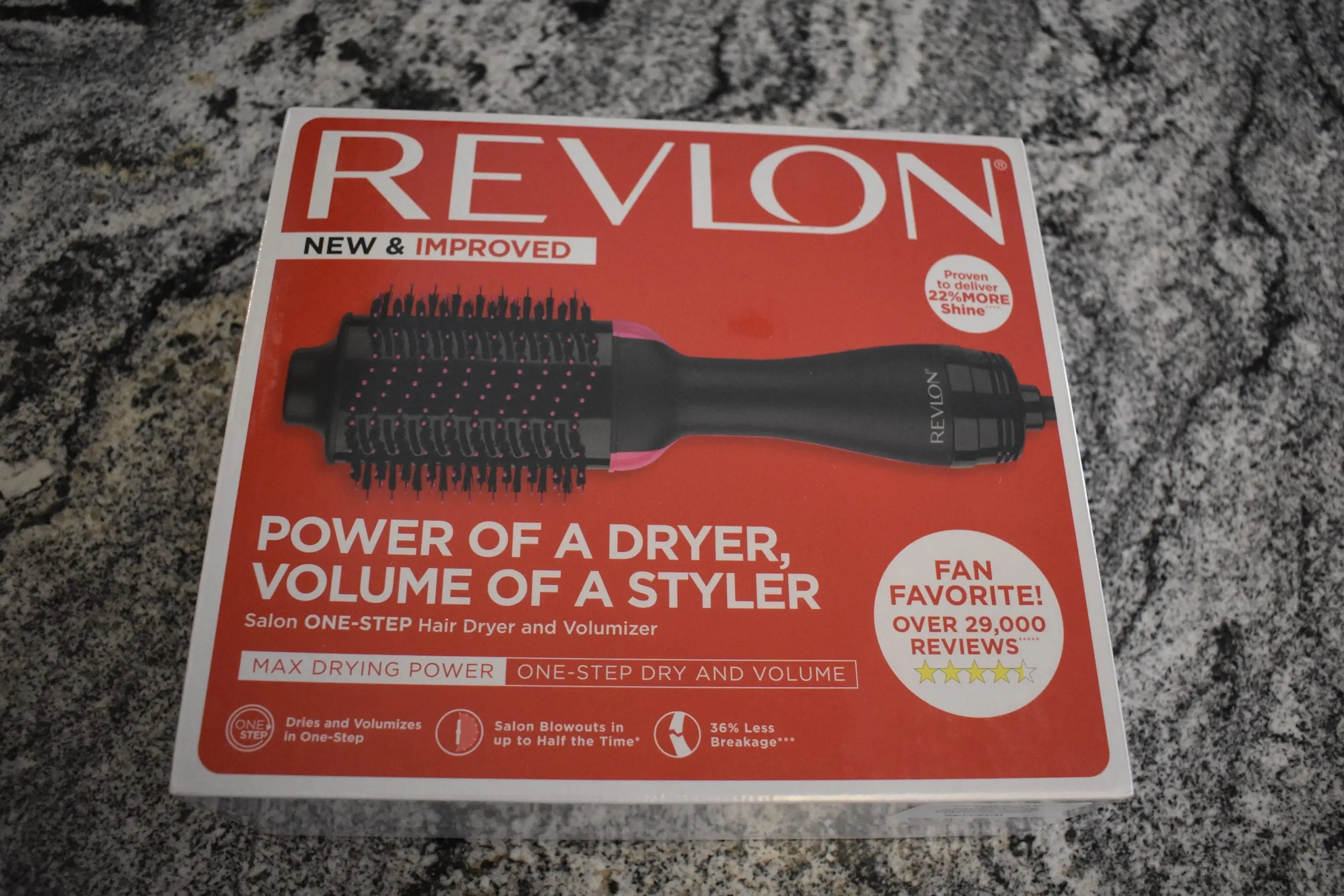 The Revlon all-in-one volumizing hair brush in its red box