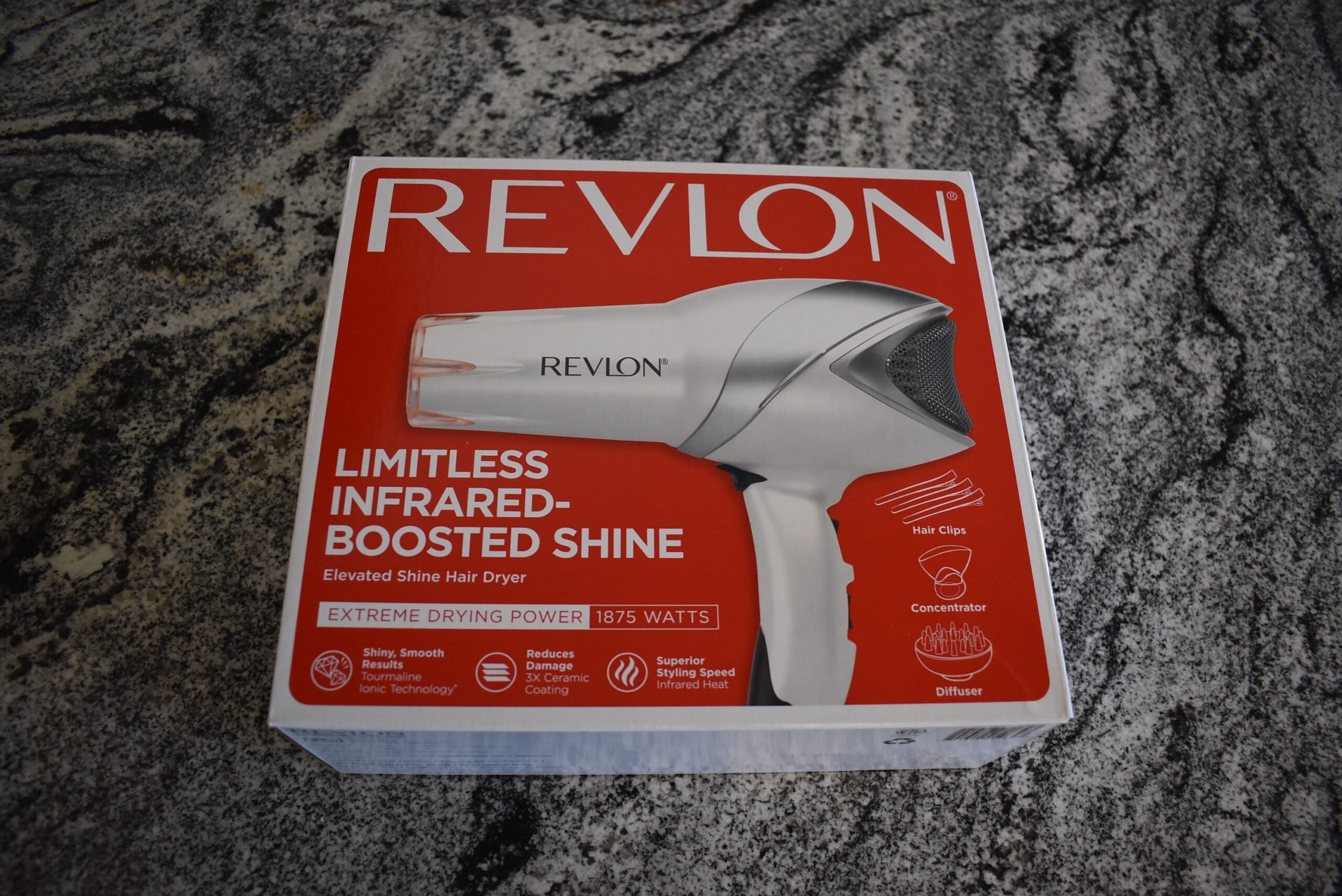 The Revlon 1875 watt infrared hair dryer in its box