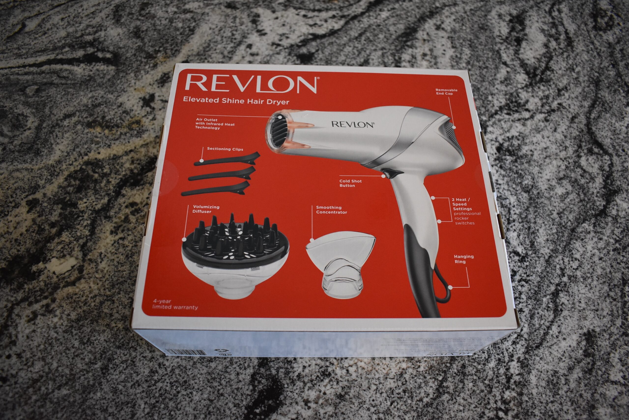 The back of one of the best hair dryers (Revlon 1875 w infrared model) on a granite counter