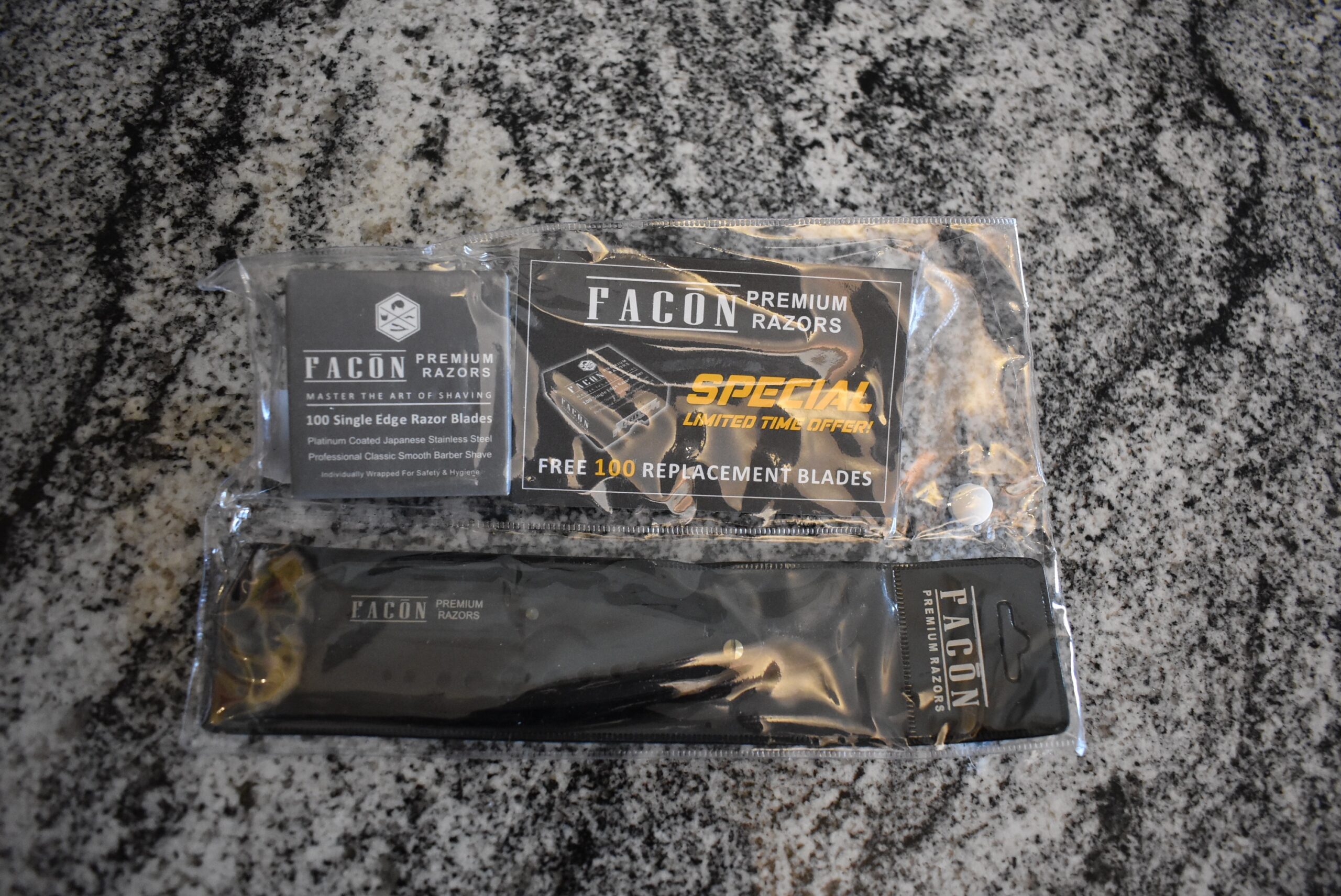 The Facon premium razors straight edge razor in its packaging
