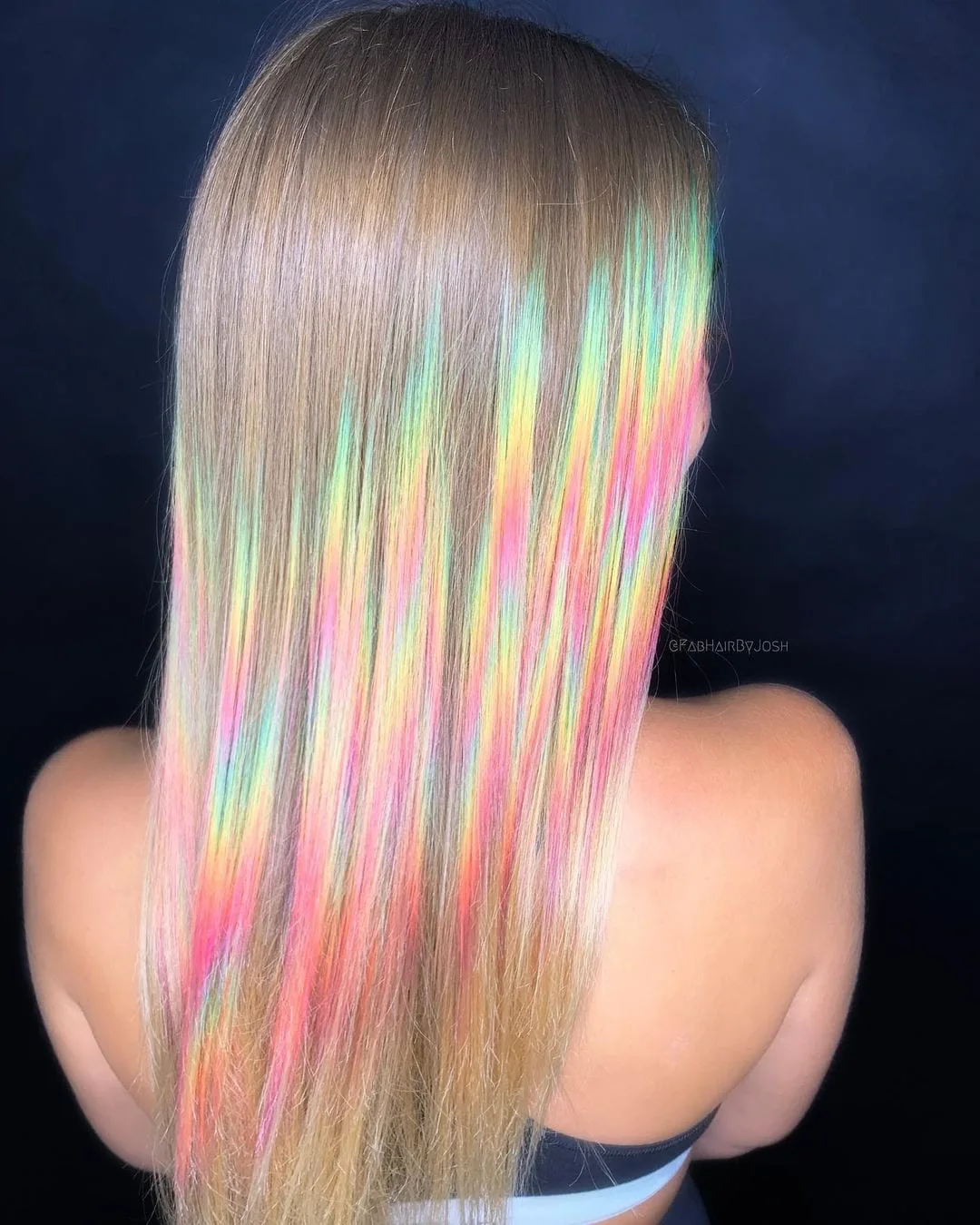 Holographic hair on blonde woman in a sports bra