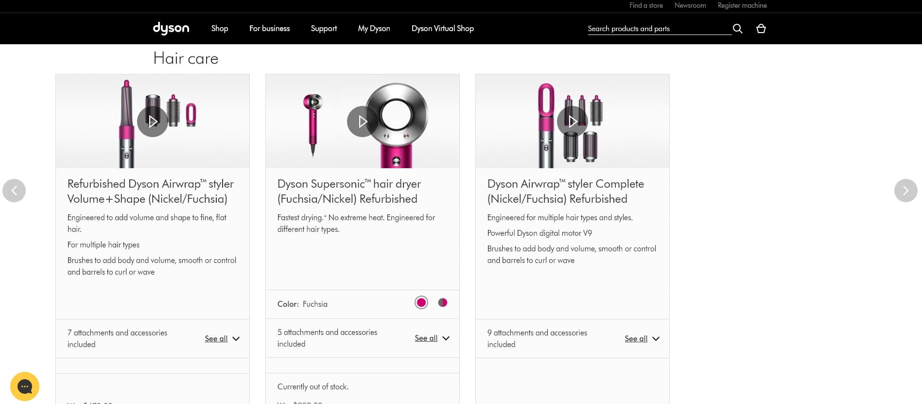 Screenshot of the Dyson Hair Dryer sale from the refurbished outlet
