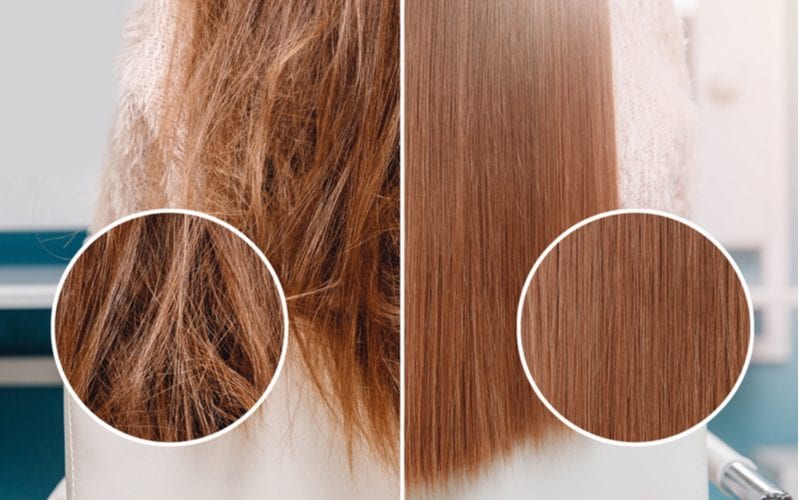Before and after close-up of hair that has was unhealthy and is now healthy