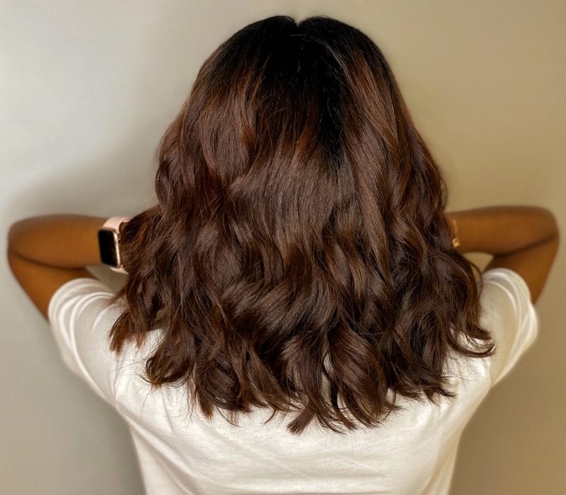 Long bob haircut with long brunette waves