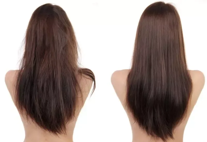 Before and after photo showing someone using rice water for hair and the one on the left being scraggly and the right being shiny and straight