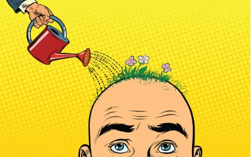 For a piece on how fast does hair grow, a flowering pot pouring water on a bald man's head