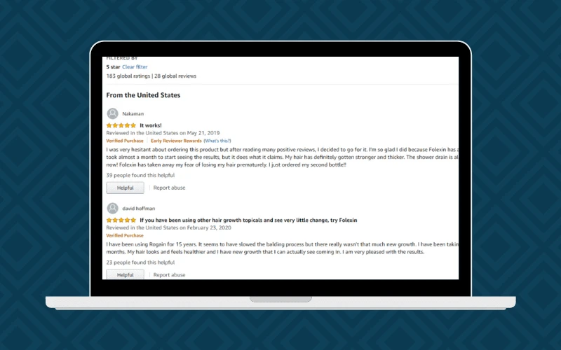 Folexin reviews from real users from Amazon listed on a laptop in graphical form
