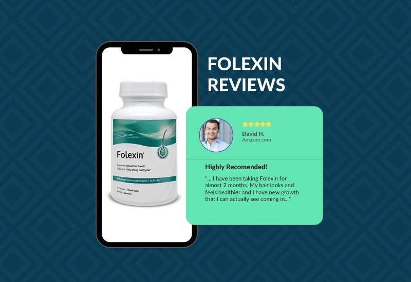 For a piece on Folexin reviews, a phone with a bottle of the product sits next to a graphical version of a real user review