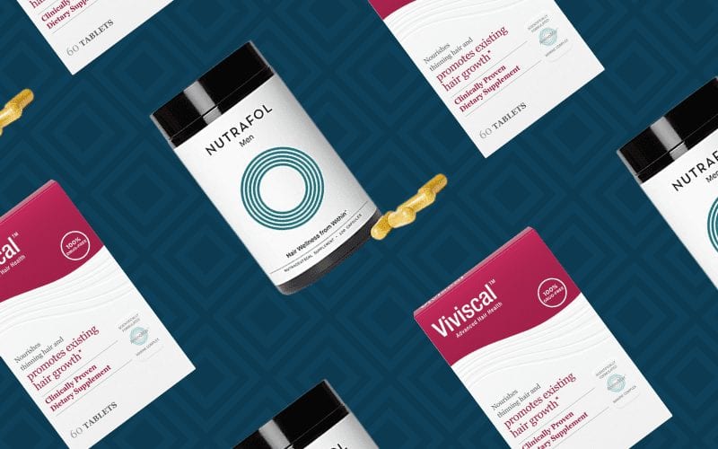 Nutrafol vs viviscal put into a graphical form with both products laid out in front of a blue background