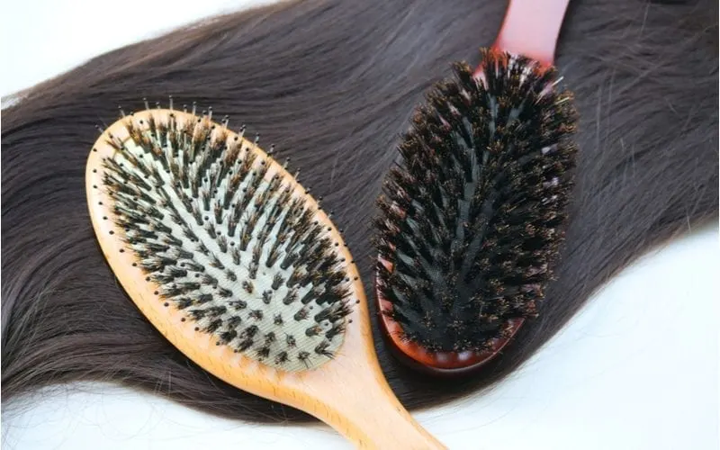 Two types of natural boar bristle brushes sitting on a fake hair extension in a studio