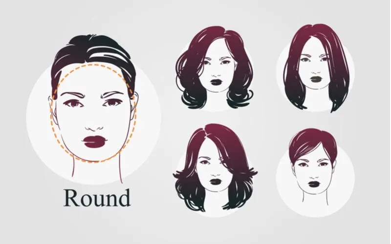 The round face shape with different hairstyles displayed on each person in illustrated form