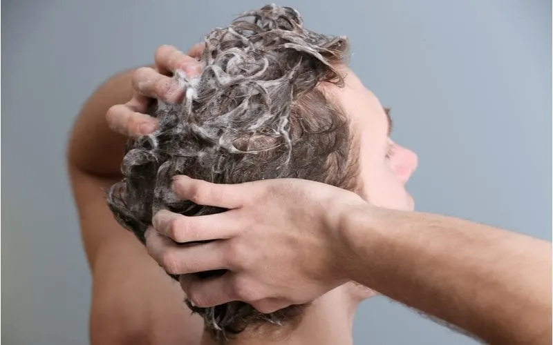 Studio image of a man facing away from the camera and lathering on hair growth shampoo into his hair while holding the back of his head
