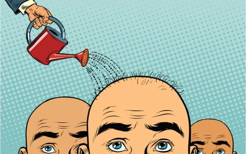 Illustration of three bald men using hair growth shampoos and the middle one getting water poured on his head from a watering can