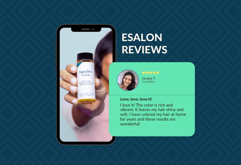 Esalon review displayed on a floating text box next to a mobile phone (1)