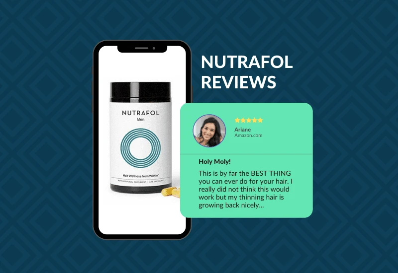 For a piece on Nutrafol reviews, a phone with a bottle of the product sits next to a graphical version of a real user review