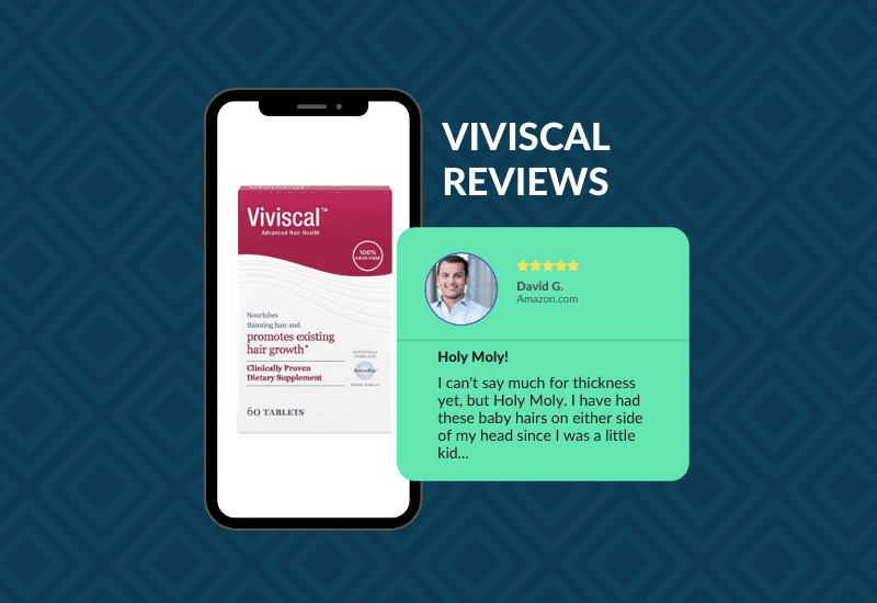 For a piece on Viviscal reviews, a phone with a bottle of the product sits next to a graphical version of a real user review