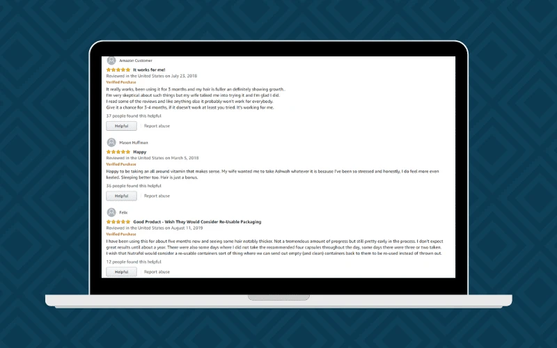 Nutrafol reviews from real users from Amazon listed on a laptop in graphical form