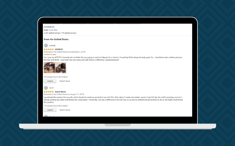 Viviscal 5 star user reviews displayed on a graphic laptop