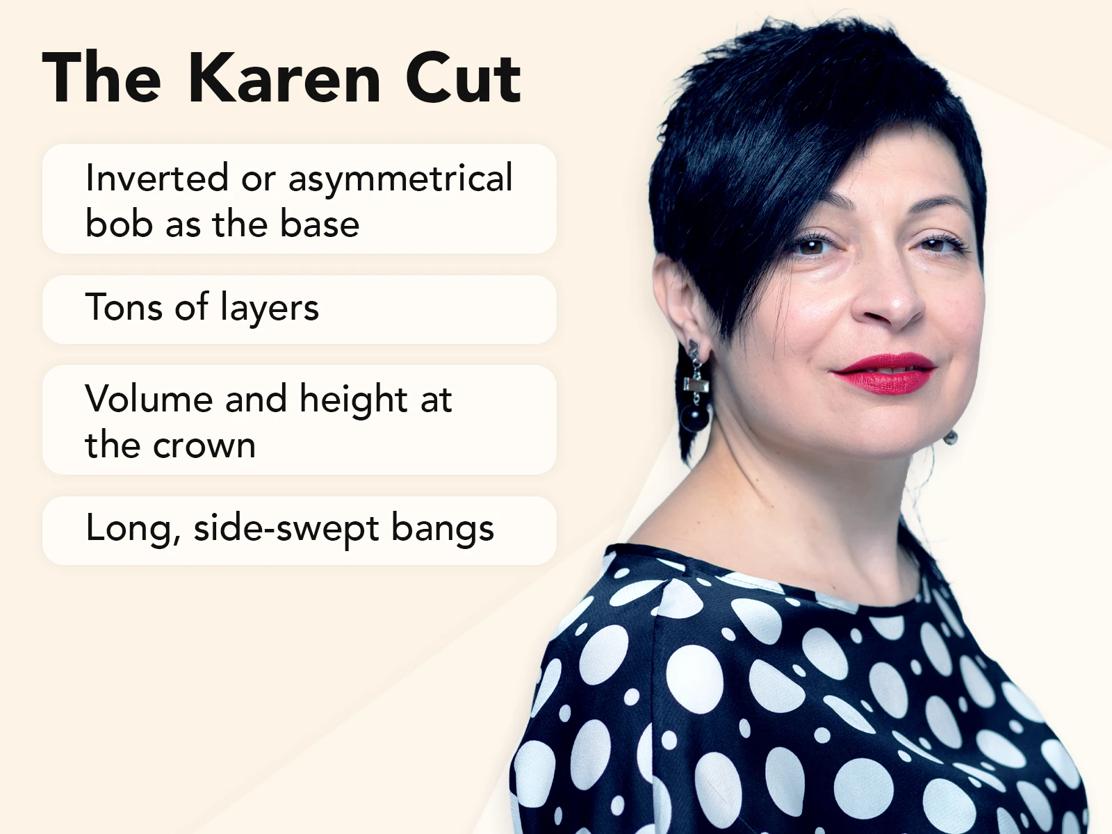 The karen haircut explainer image on a tan background