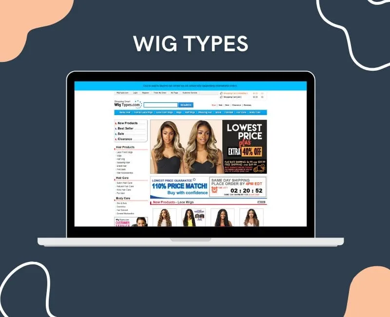 Wig types, a retailer of good wigs online displayed on a graphic with a mac