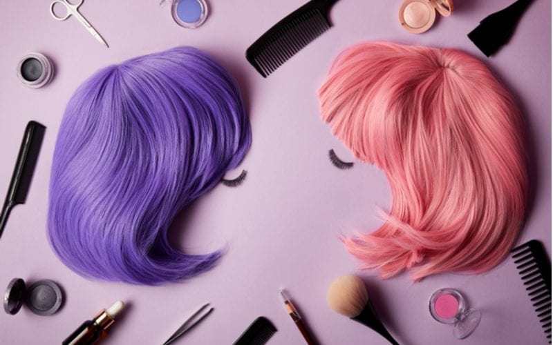 For an image on where to buy good wigs online, an image showing a pink and purple wig along with hair tools