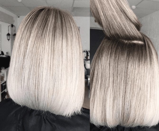 To explain what is Balayage, a lady with shadow root highlights in a side by side image with her hair flat and her hair lifted