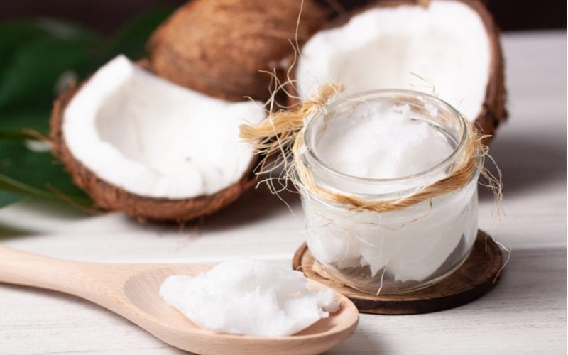 For a piece on is coconut oil good for hair, a shelled coconut with the oil sitting in a jar and on a wooden spoon