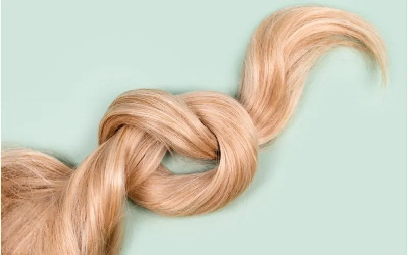 To help answer "what oil is best for your hair", a photo of healthy blonde hair tied in a knot on a green background