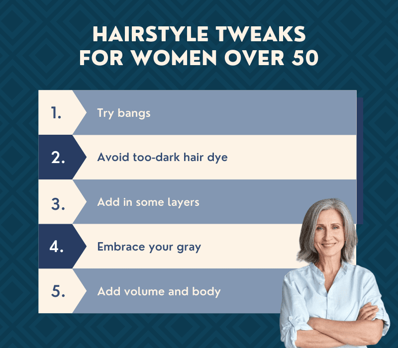 Hairstyle Tweaks for Women Over 50 with an older woman on the right side of the image