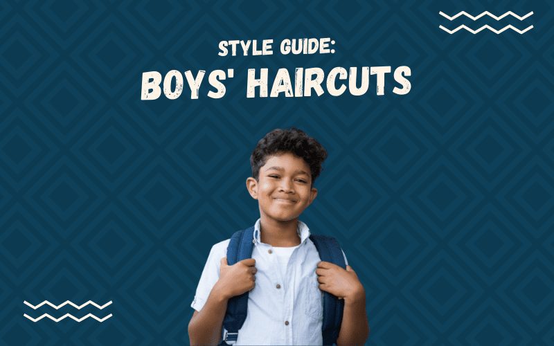 Image titled Style Guide: Boys' Haircuts and featuring a trendy guy in a blue button-up holding the straps of his backpack on a blue background