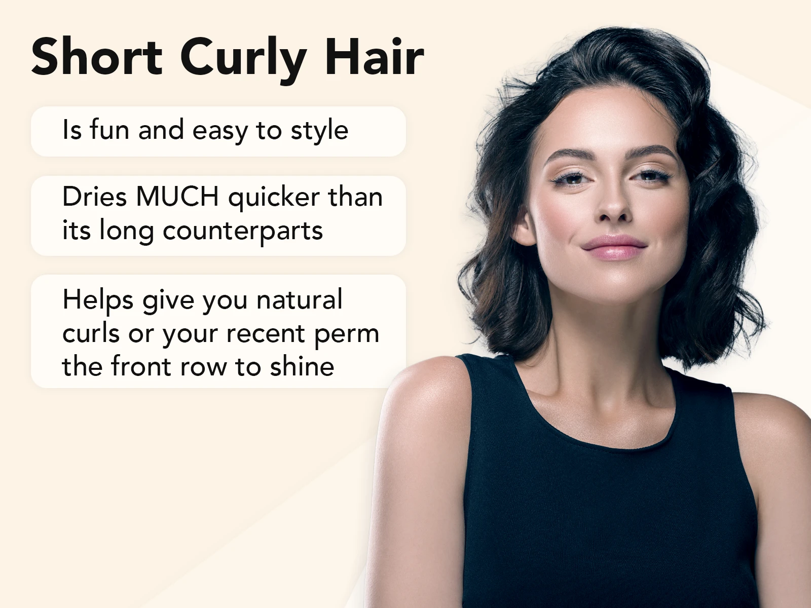 Short curly hair explainer image on a tan background