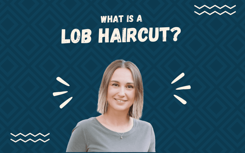 What is a lob haircut featuring someone with the style on a blue background
