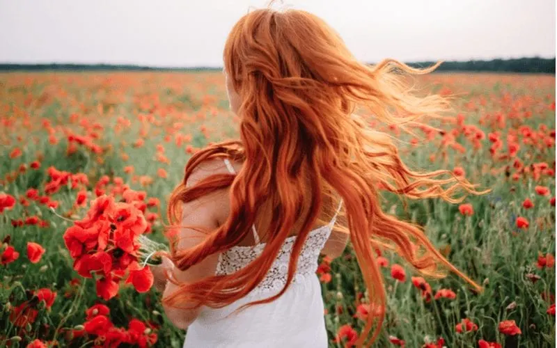 Lady in a field of red flowers with long copper red hair flowing in the breeze