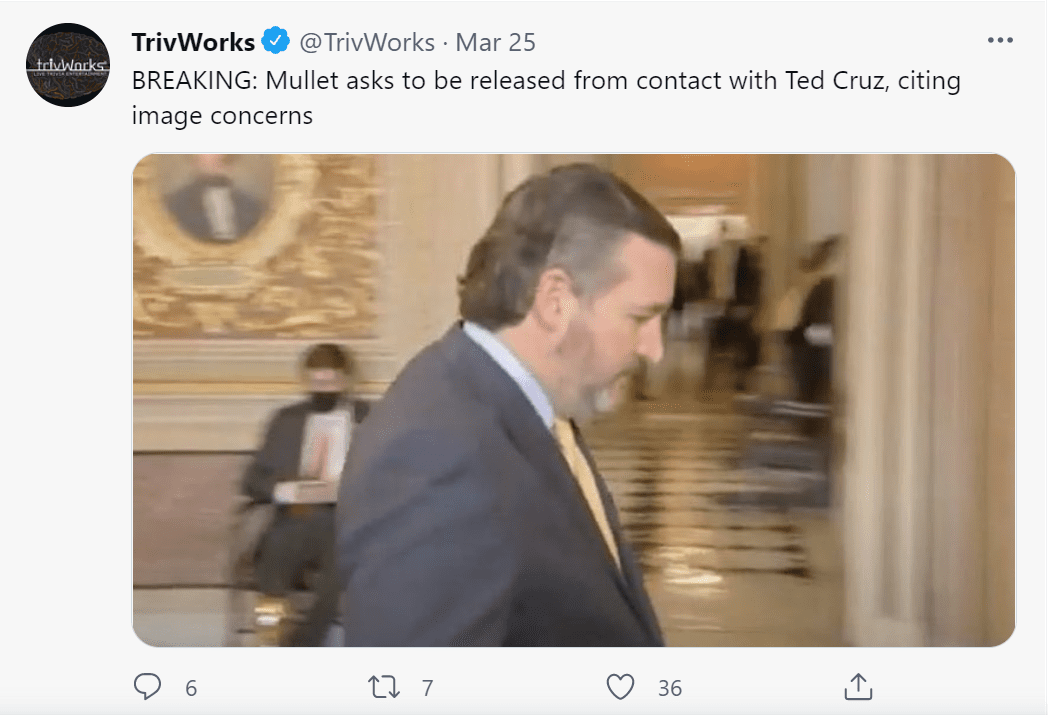 Image of Ted Cruz's new haircut and Twitter having a hayday roasting it