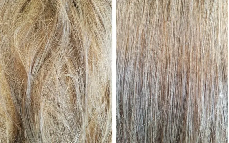After following our steps on getting rid of frizzy hair, a before and after image of side by side hair states